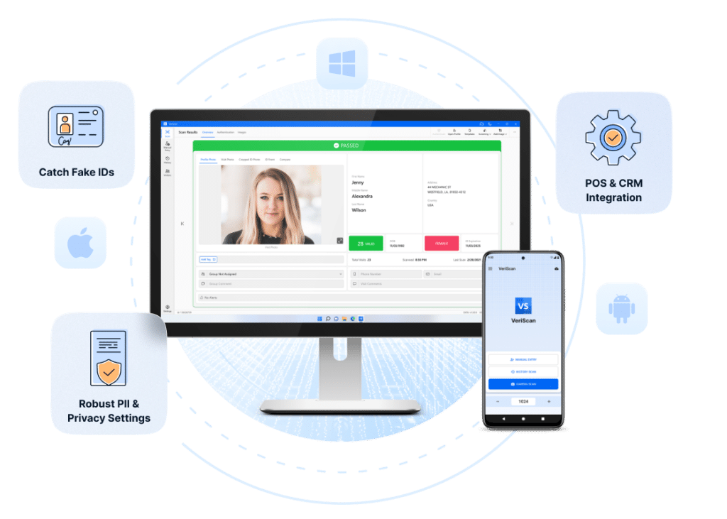 screenshot of veriscan software and a handheld ID scanner